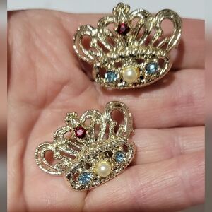 Vintage Crown Clip On Earrings with Pearl and Gem Accents